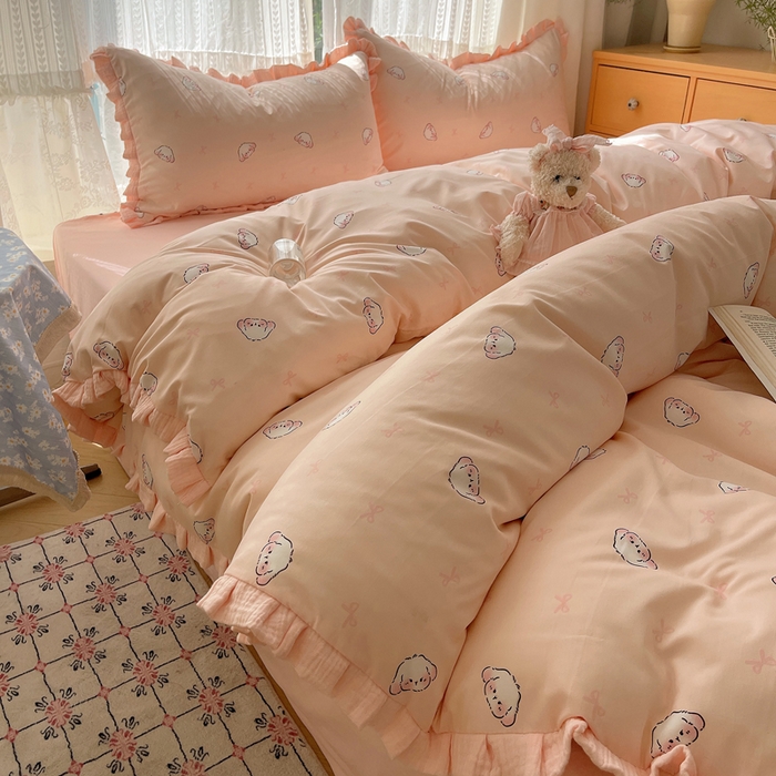 91家纺网 家纺一手货源 找家纺 繁花家居 2025新款木耳边水洗棉双层纱针织棉韩式花边四件套 幸运小兔