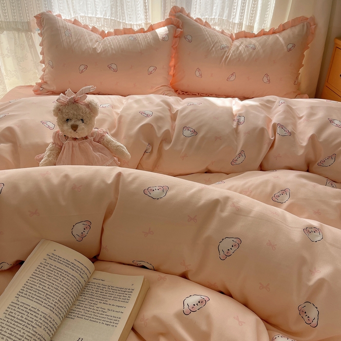 91家纺网 家纺一手货源 找家纺 繁花家居 2025新款木耳边水洗棉双层纱针织棉韩式花边四件套 幸运小兔