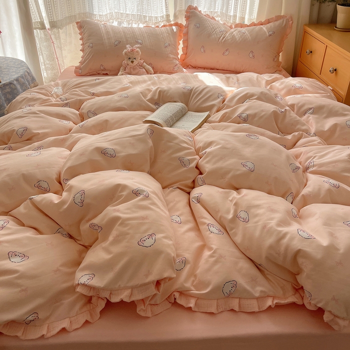 91家纺网 家纺一手货源 找家纺 繁花家居 2025新款木耳边水洗棉双层纱针织棉韩式花边四件套 幸运小兔