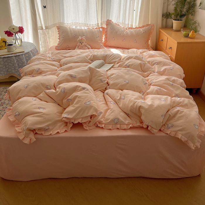 91家纺网 家纺一手货源 找家纺 繁花家居 2025新款木耳边水洗棉双层纱针织棉韩式花边四件套 幸运小兔