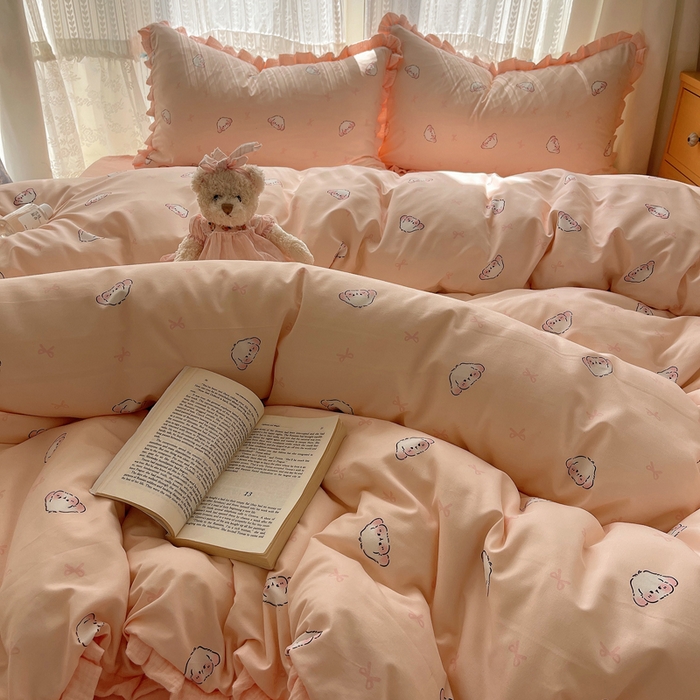 91家纺网 家纺一手货源 找家纺 繁花家居 2025新款木耳边水洗棉双层纱针织棉韩式花边四件套 幸运小兔