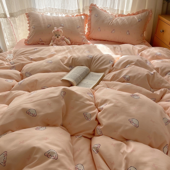 91家纺网 家纺一手货源 找家纺 繁花家居 2025新款木耳边水洗棉双层纱针织棉韩式花边四件套 幸运小兔