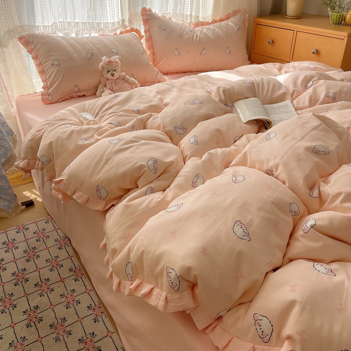 91家纺网 家纺一手货源 找家纺 繁花家居 2025新款木耳边水洗棉双层纱针织棉韩式花边四件套 幸运小兔