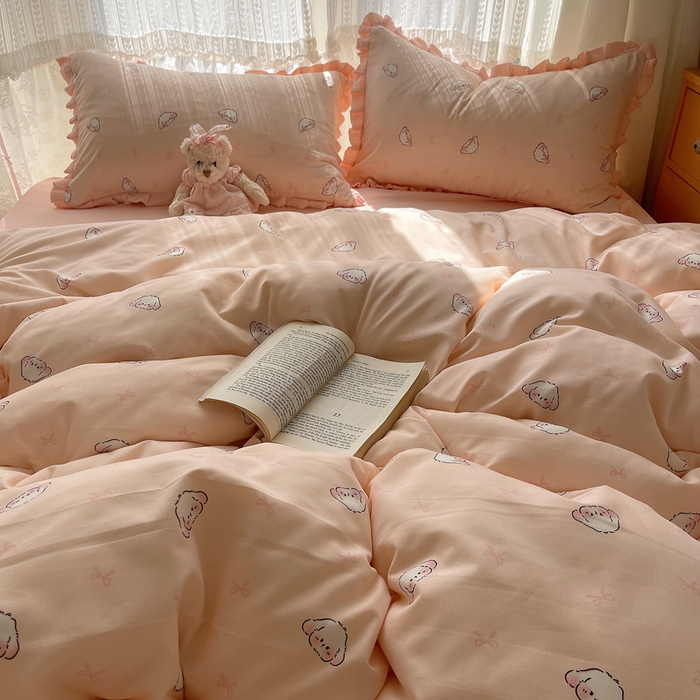 91家纺网 家纺一手货源 找家纺 繁花家居 2025新款木耳边水洗棉双层纱针织棉韩式花边四件套 幸运小兔