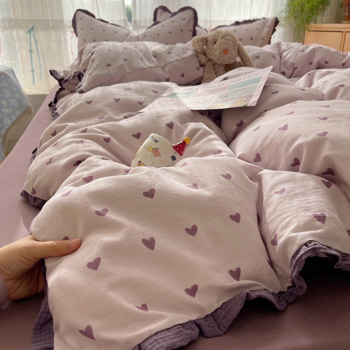 繁花家居 2025新款木耳边水洗棉双层纱针织棉韩式花边四件套 紫色心情