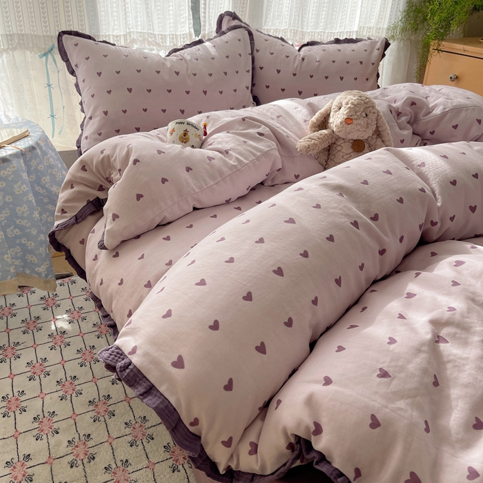 91家纺网 家纺一手货源 找家纺 繁花家居 2025新款木耳边水洗棉双层纱针织棉韩式花边四件套 紫色心情