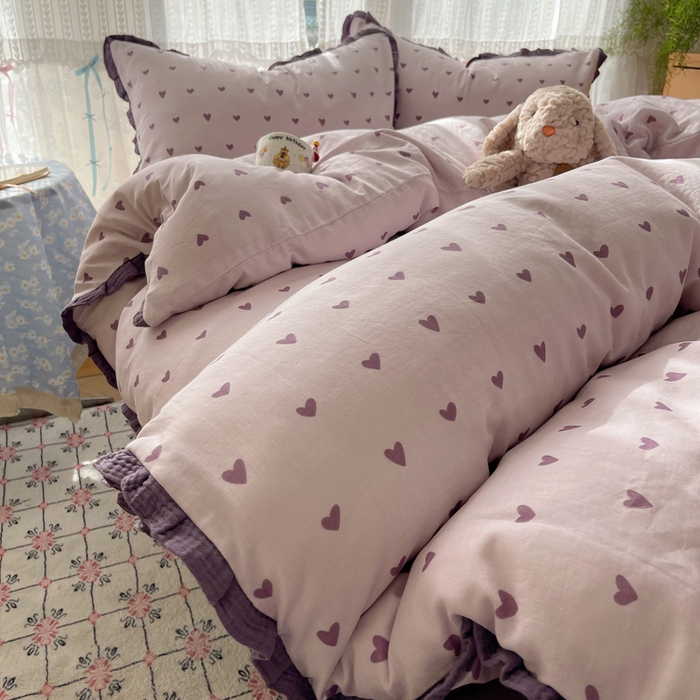 91家纺网 家纺一手货源 找家纺 繁花家居 2025新款木耳边水洗棉双层纱针织棉韩式花边四件套 紫色心情