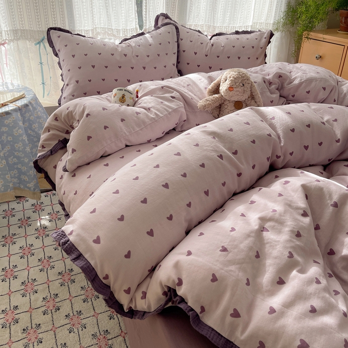 91家纺网 家纺一手货源 找家纺 繁花家居 2025新款木耳边水洗棉双层纱针织棉韩式花边四件套 紫色心情