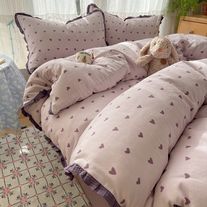 91家纺网 家纺一手货源 找家纺 繁花家居 2025新款木耳边水洗棉双层纱针织棉韩式花边四件套 紫色心情