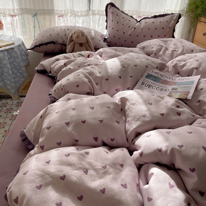 91家纺网 家纺一手货源 找家纺 繁花家居 2025新款木耳边水洗棉双层纱针织棉韩式花边四件套 紫色心情