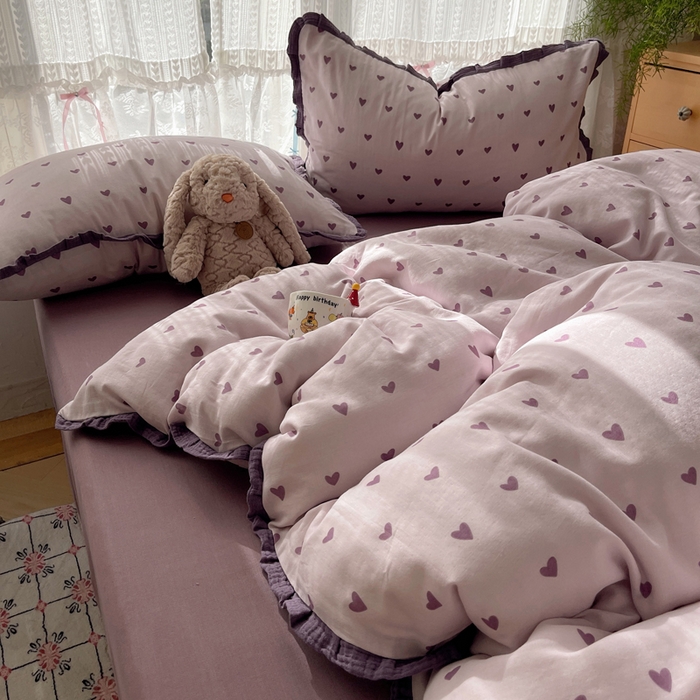 91家纺网 家纺一手货源 找家纺 繁花家居 2025新款木耳边水洗棉双层纱针织棉韩式花边四件套 紫色心情