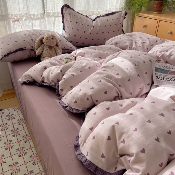 91家纺网 家纺一手货源 找家纺 繁花家居 2025新款木耳边水洗棉双层纱针织棉韩式花边四件套 紫色心情