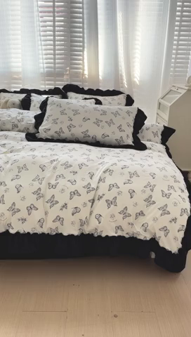 91家纺网 家纺一手货源 找家纺 繁花家居 2025新款木耳边水洗棉双层纱针织棉韩式花边四件套 蝶梦舞