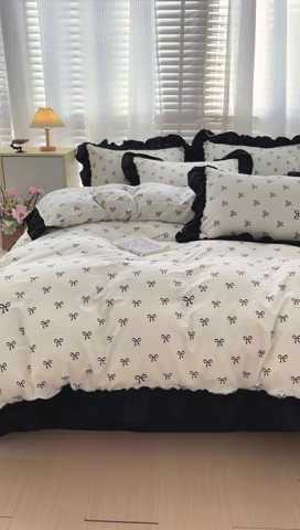 91家纺网 家纺一手货源 找家纺 繁花家居 2025新款木耳边水洗棉双层纱针织棉韩式花边四件套 少女心