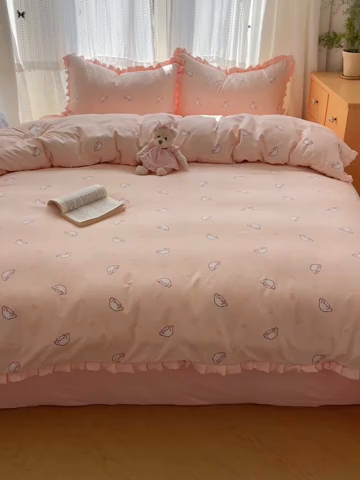 91家纺网 家纺一手货源 找家纺 繁花家居 2025新款木耳边水洗棉双层纱针织棉韩式花边四件套 幸运小兔