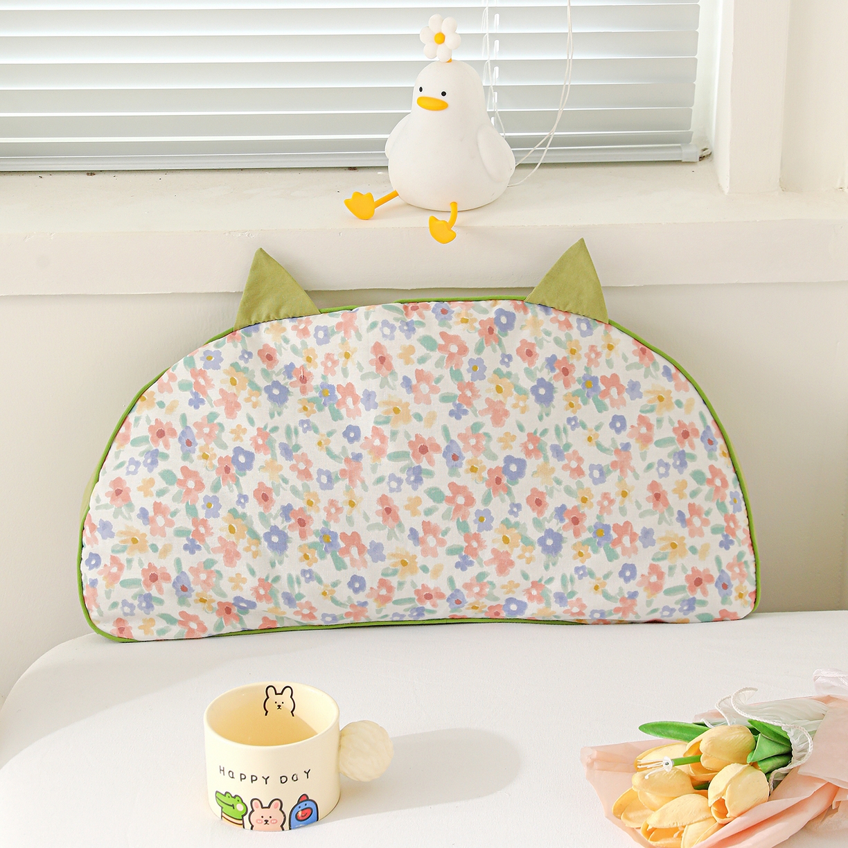 卓昌枕芯 2025新款韩式全棉猫耳全荞麦壳可拆洗枕头 全棉猫耳枕-绿耳白底手绘花 55x30cm枕套加苦荞壳内芯/对