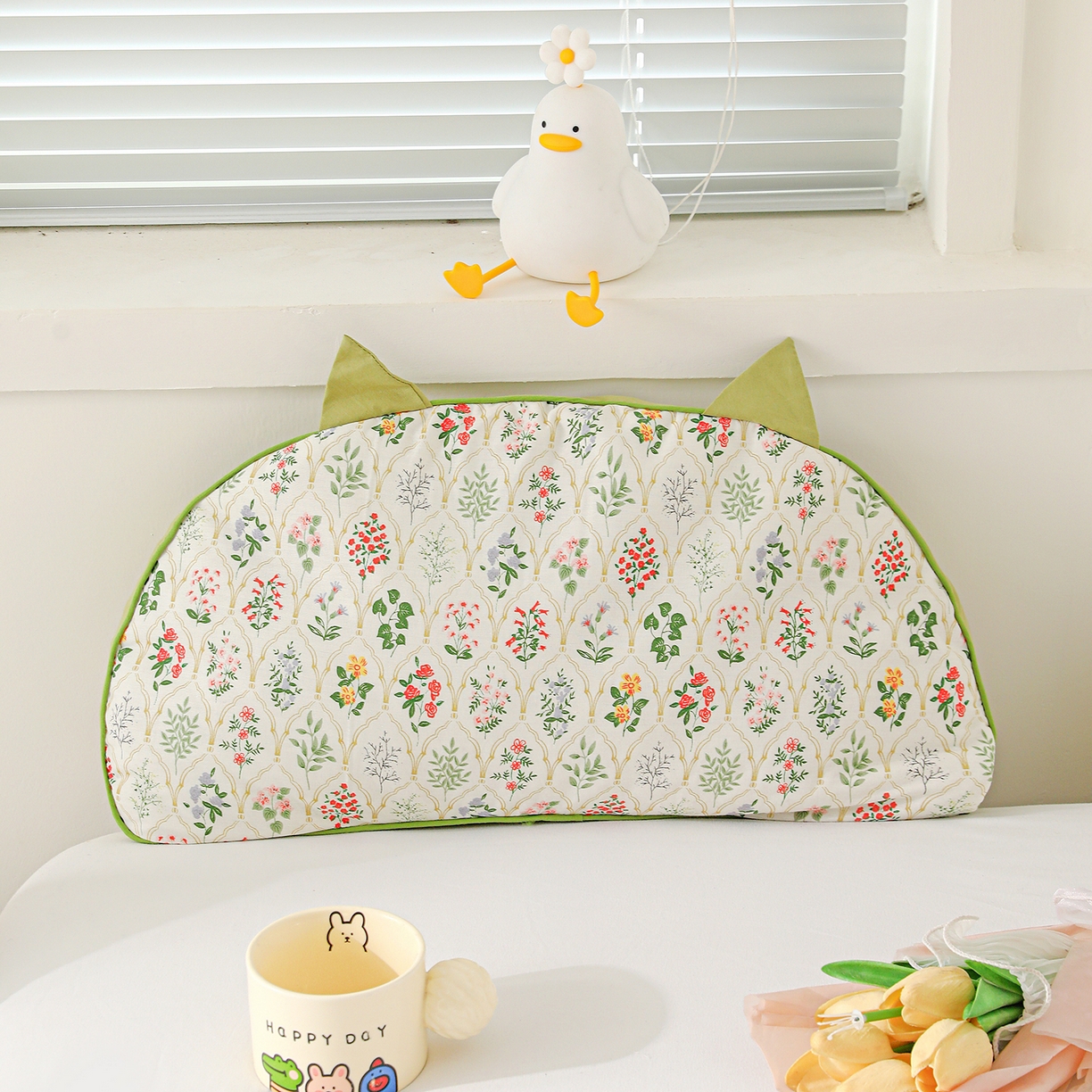 卓昌枕芯 2025新款韩式全棉猫耳全荞麦壳可拆洗枕头 全棉猫耳枕-绿耳白底碎花 55x30cm枕套加苦荞壳内芯/对