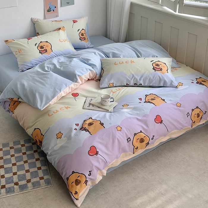 91家纺网 家纺一手货源 找家纺 徕米家居 2025新款全棉13372小圆网卡皮吧啦套件 可爱卡皮巴拉