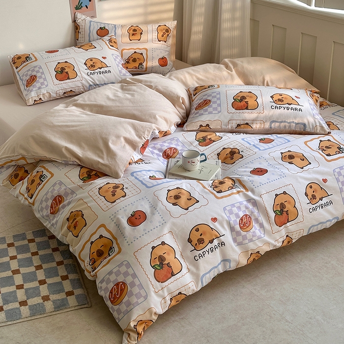 91家纺网 家纺一手货源 找家纺 徕米家居 2025新款全棉13372小圆网卡皮吧啦套件 快乐卡皮巴拉