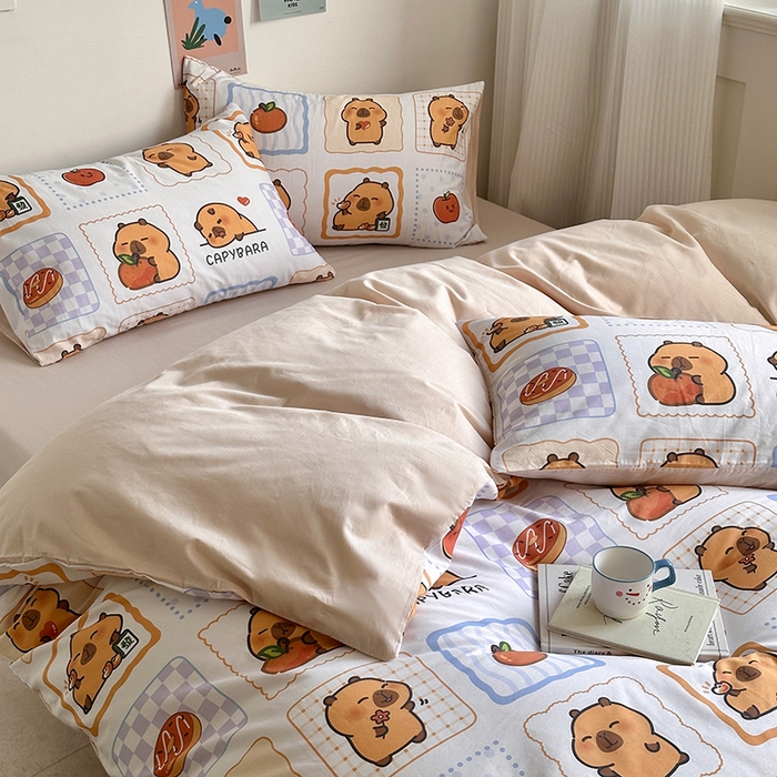 91家纺网 家纺一手货源 找家纺 徕米家居 2025新款全棉13372小圆网卡皮吧啦套件 快乐卡皮巴拉