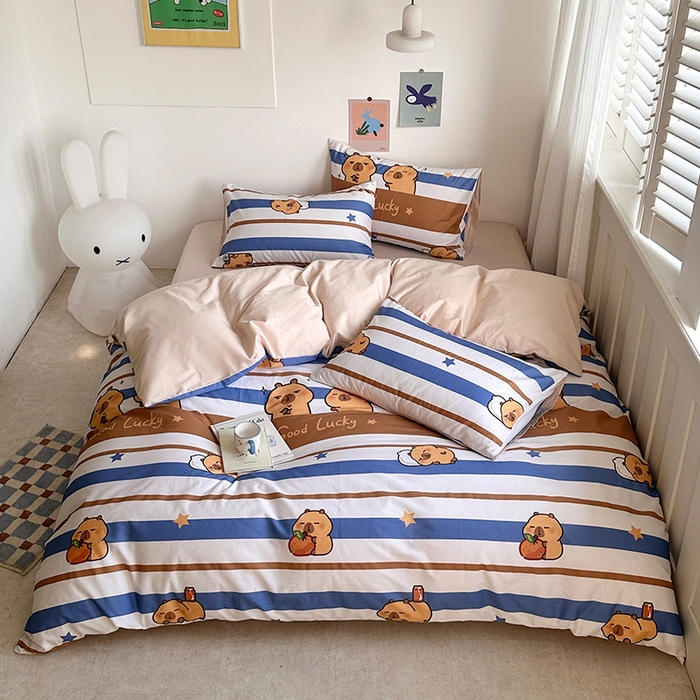 91家纺网 家纺一手货源 找家纺 徕米家居 2025新款全棉13372小圆网卡皮吧啦套件 蓝色卡皮巴拉