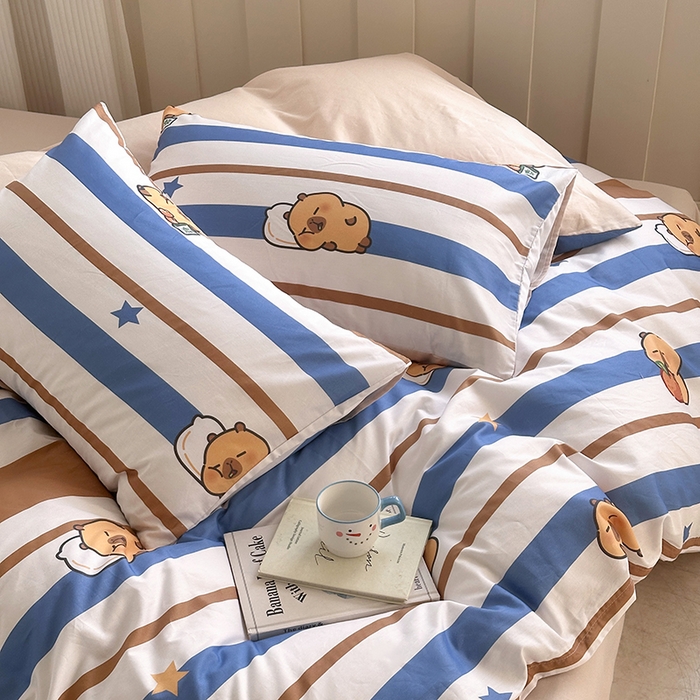 91家纺网 家纺一手货源 找家纺 徕米家居 2025新款全棉13372小圆网卡皮吧啦套件 蓝色卡皮巴拉