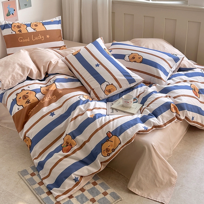 91家纺网 家纺一手货源 找家纺 徕米家居 2025新款全棉13372小圆网卡皮吧啦套件 蓝色卡皮巴拉