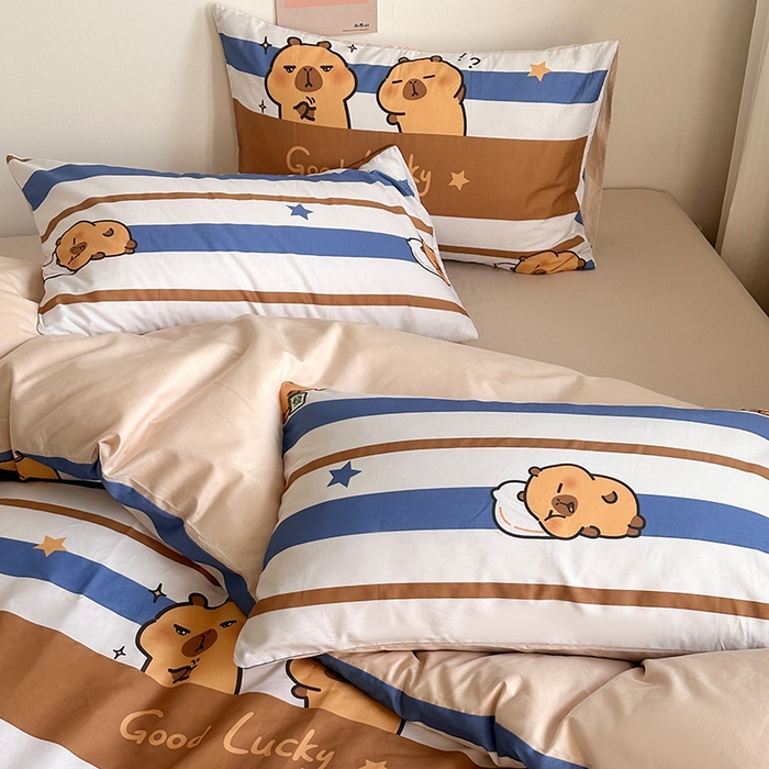 91家纺网 家纺一手货源 找家纺 徕米家居 2025新款全棉13372小圆网卡皮吧啦套件 蓝色卡皮巴拉