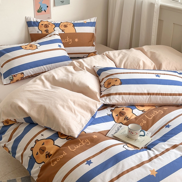 91家纺网 家纺一手货源 找家纺 徕米家居 2025新款全棉13372小圆网卡皮吧啦套件 蓝色卡皮巴拉