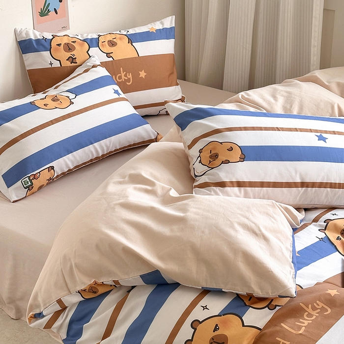 91家纺网 家纺一手货源 找家纺 徕米家居 2025新款全棉13372小圆网卡皮吧啦套件 蓝色卡皮巴拉