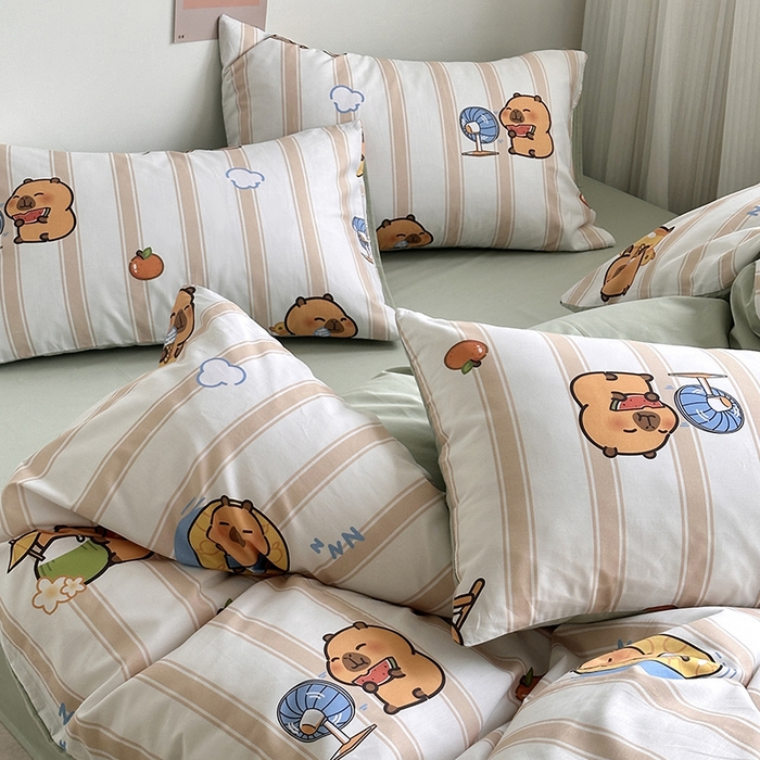 91家纺网 家纺一手货源 找家纺 徕米家居 2025新款全棉13372小圆网卡皮吧啦套件 条纹卡皮巴拉