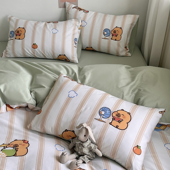 91家纺网 家纺一手货源 找家纺 徕米家居 2025新款全棉13372小圆网卡皮吧啦套件 条纹卡皮巴拉