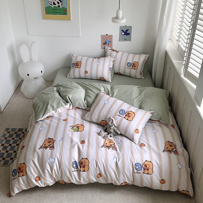 91家纺网 家纺一手货源 找家纺 徕米家居 2025新款全棉13372小圆网卡皮吧啦套件 条纹卡皮巴拉