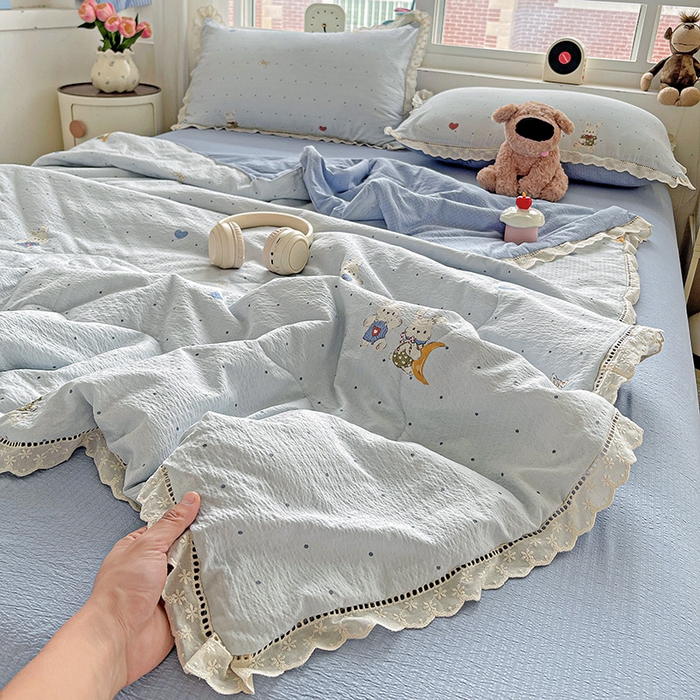 2025新款云感皱皱纱全棉花边款夏被四件套
