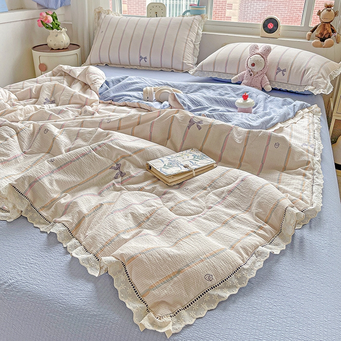 91家纺网 家纺一手货源 找家纺 2025新款云感皱皱纱全棉花边款夏被四件套