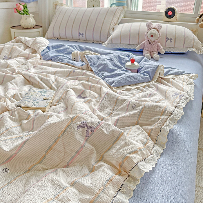 91家纺网 家纺一手货源 找家纺 2025新款云感皱皱纱全棉花边款夏被四件套