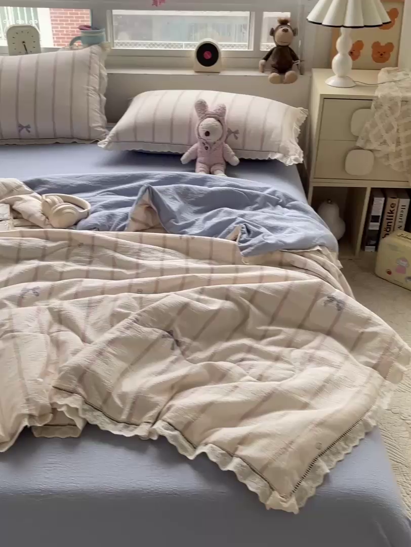 91家纺网 家纺一手货源 找家纺 2025新款云感皱皱纱全棉花边款夏被四件套
