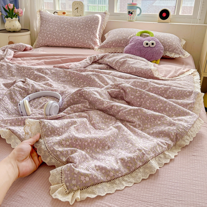 2025新款云感皱皱纱全棉花边款夏被四件套