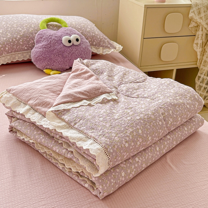 91家纺网 家纺一手货源 找家纺 2025新款云感皱皱纱全棉花边款夏被四件套