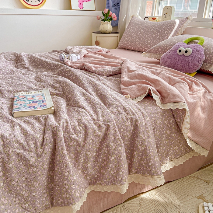 91家纺网 家纺一手货源 找家纺 2025新款云感皱皱纱全棉花边款夏被四件套