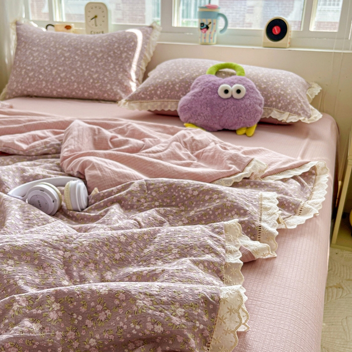 91家纺网 家纺一手货源 找家纺 2025新款云感皱皱纱全棉花边款夏被四件套