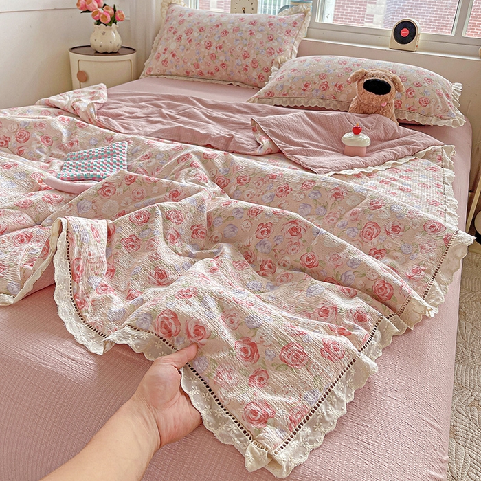 2025新款云感皱皱纱全棉花边款夏被四件套