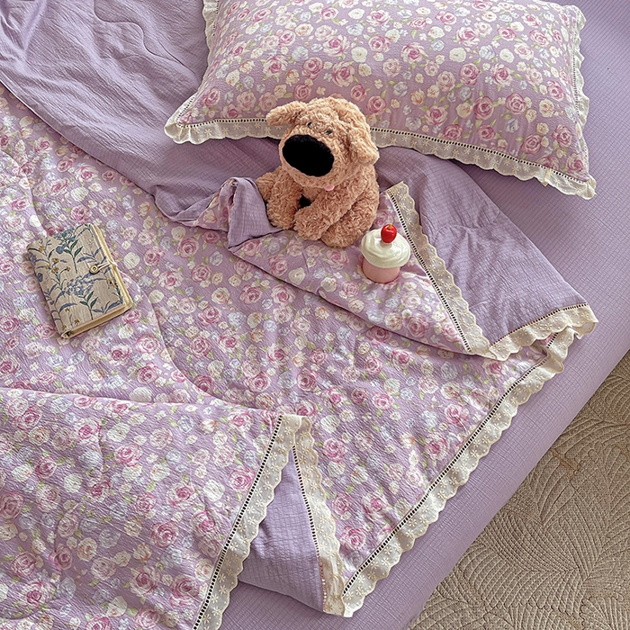 91家纺网 家纺一手货源 找家纺 2025新款云感皱皱纱全棉花边款夏被四件套