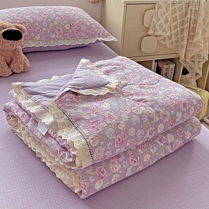 91家纺网 家纺一手货源 找家纺 2025新款云感皱皱纱全棉花边款夏被四件套