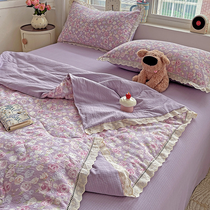 91家纺网 家纺一手货源 找家纺 2025新款云感皱皱纱全棉花边款夏被四件套