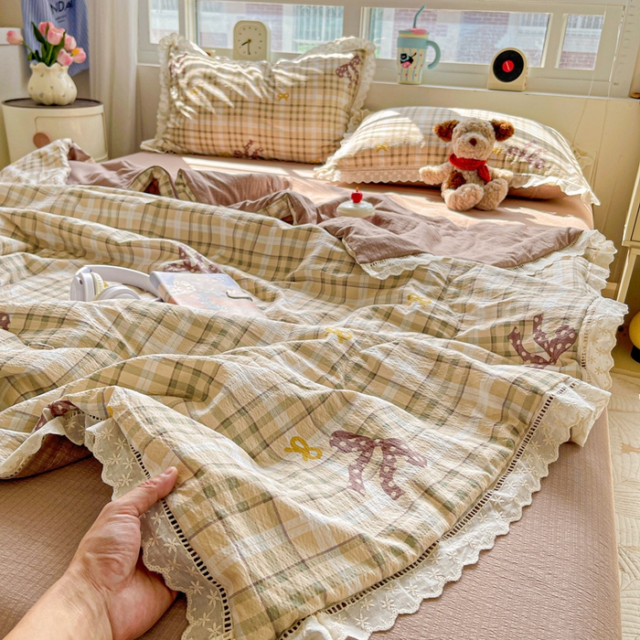 91家纺网 家纺一手货源 找家纺 2025新款云感皱皱纱全棉花边款夏被四件套