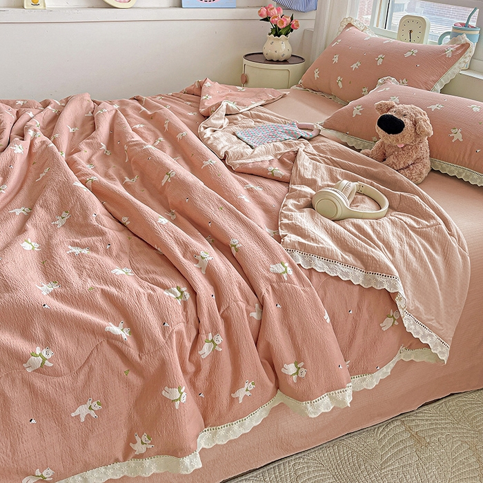 91家纺网 家纺一手货源 找家纺 2025新款云感皱皱纱全棉花边款夏被四件套