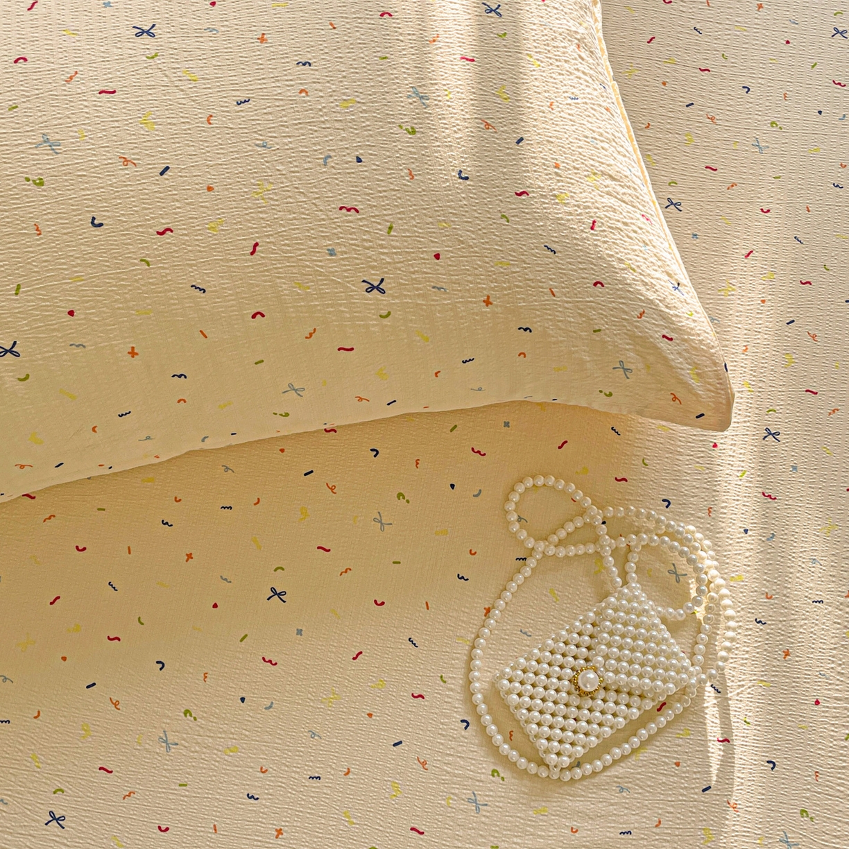 91家纺网 家纺一手货源 找家纺 （总）暖芯优选 2025新款母婴级ins小清新双层纱印花床单枕套三件套（提供买家秀）