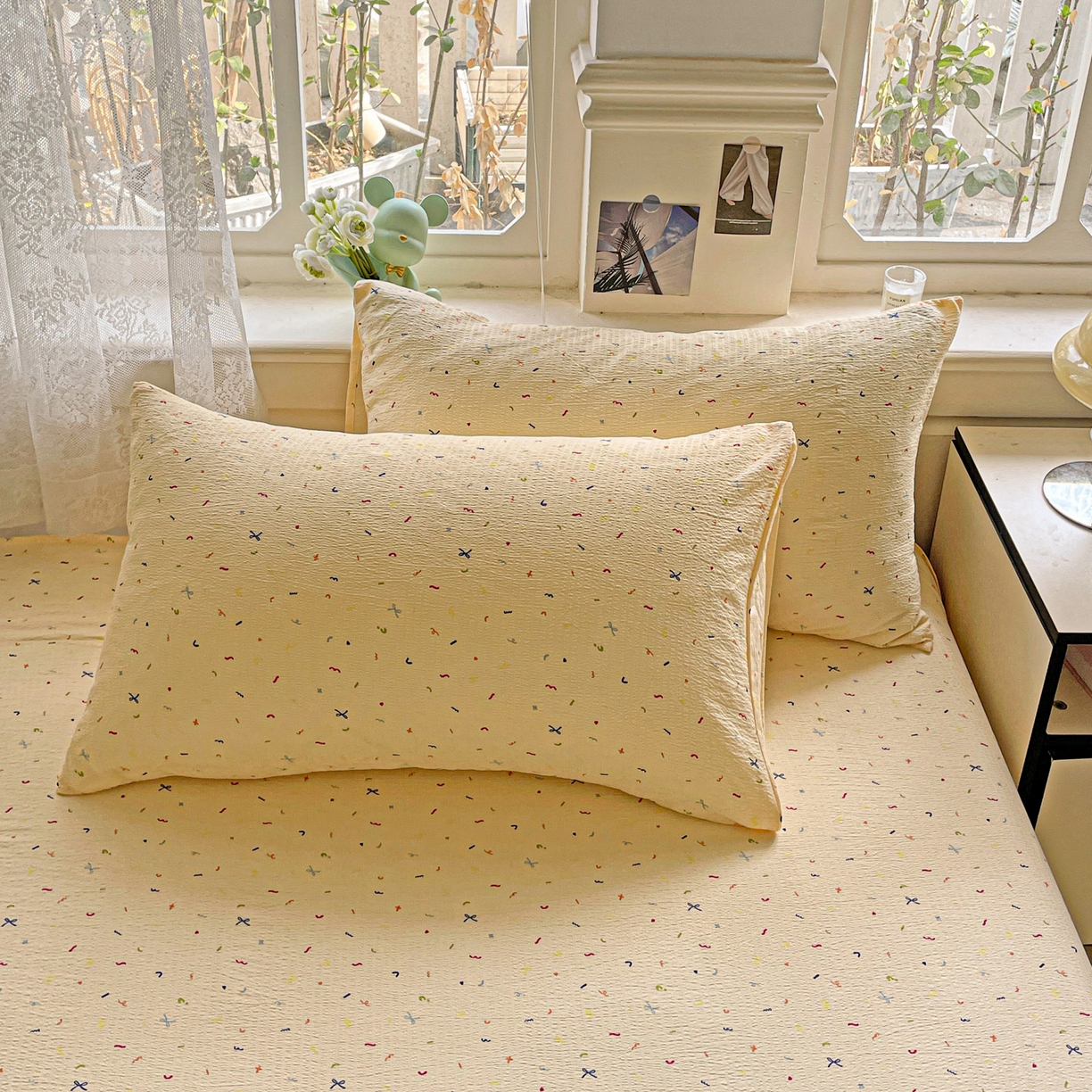 91家纺网 家纺一手货源 找家纺 （总）暖芯优选 2025新款母婴级ins小清新双层纱印花床单枕套三件套（提供买家秀）