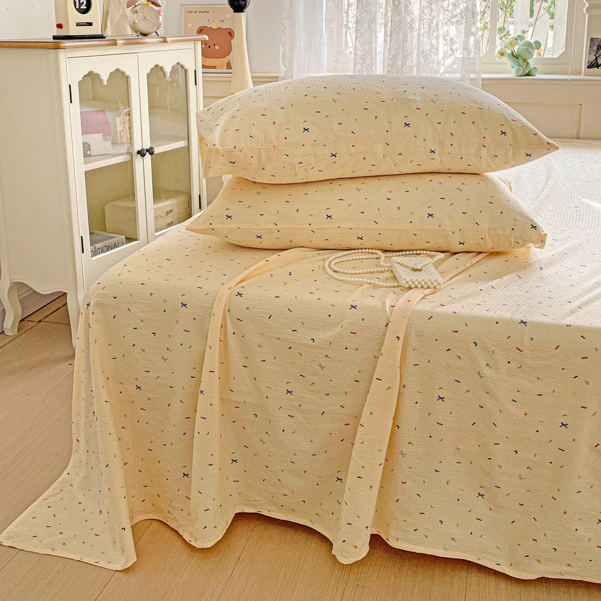 91家纺网 家纺一手货源 找家纺 （总）暖芯优选 2025新款母婴级ins小清新双层纱印花床单枕套三件套（提供买家秀）